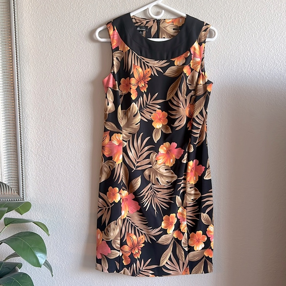 AB Studio Womens Tropical Floral Sheath Dress‎ Black Orange Palm Leaf Size 8